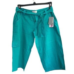 GERI C. Linen Capri With Tie Belt Turqoise Cargo Pocket New With Tags Size Large